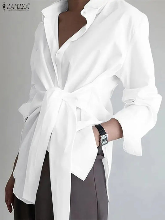 Stylish Women Shirt ZANZEA 2026 Spring Office Blouse Elegant Lapel Neck Long Sleeve Shirt Solid Button Tops Lace-Up Blusas Femme ANOINTED_ADORNED