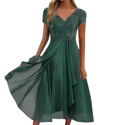 Women's Chiffon Long Dresses A Line V Neck Lace Panel Hollow Prom Dresses Ladies Bridesmaid Evening Dresses Short Sleeve Dress ANOINTED_ADORNED