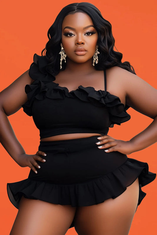 Plus Size Black Asymmetrical Ruffle Two-Piece Swimsuit ANOINTED_ADORNED