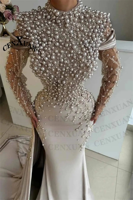 CENXUAN Charming High Neck Evening Dresses 2025 Woman with Beading Trumpet Pleat Sweep Train Vestido De Formatura Customized ANOINTED_ADORNED