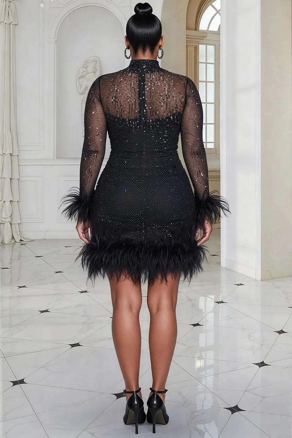 Black Mock Neck Long Sleeve Bodycon Feather Mesh Mini Dress ANOINTED_ADORNED