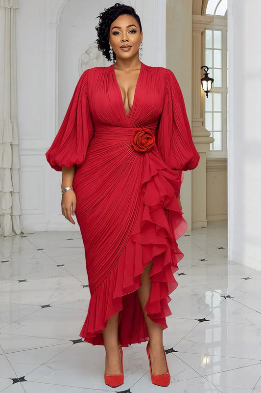 Plus Size Christmas Red V Neck Lantern Sleeve 3/4 Sleeve Ruffle Elegant Bodycon Chiffon Midi Dresses ANOINTED_ADORNED