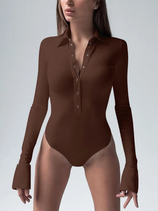 🌿 Single‑Breasted Turn‑Down Collar Long Sleeve Bodysuit