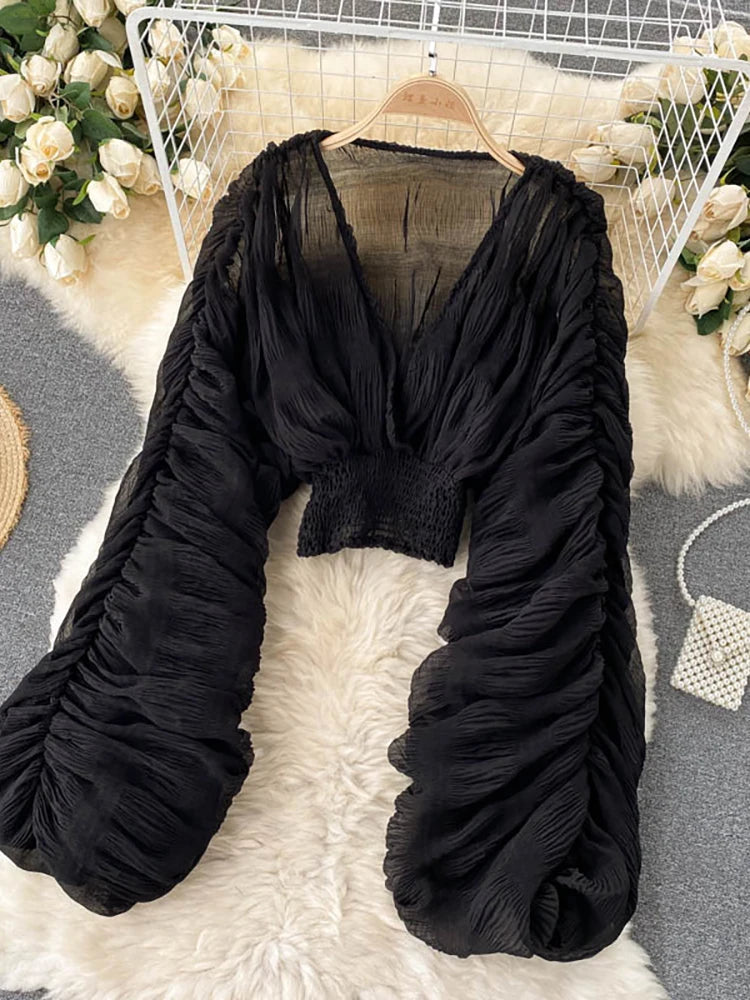 Women's Draped Chiffon V-Neck Puff Sleeve Blouse ANOINTED_ADORNED