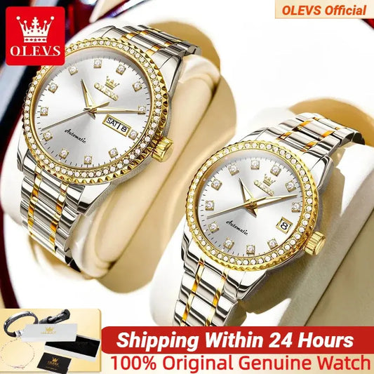 OLEVS Automatic Watch for Couple Luxury Diamond Gold Wristwatch Stainless steel Mechanical Self-Winding His and Hers Watches Set ANOINTED_ADORNED