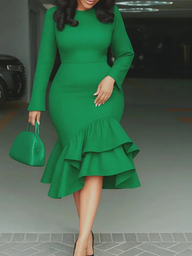 Elegant Mermaid Dress - Long Sleeve Ruffle Church & Office Wear ANOINTED_ADORNED