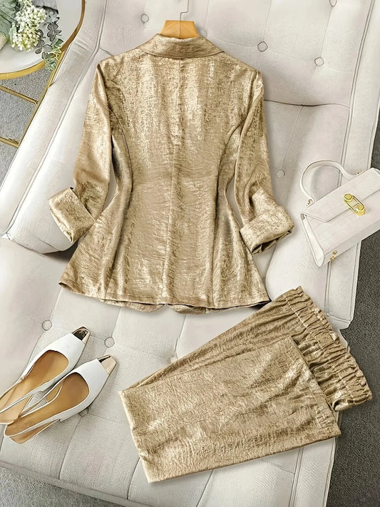 Metallic lapel single button pocket women's suit elegant jacket straight trousers suit, suitable for commuting, office, gatherin ANOINTED_ADORNED