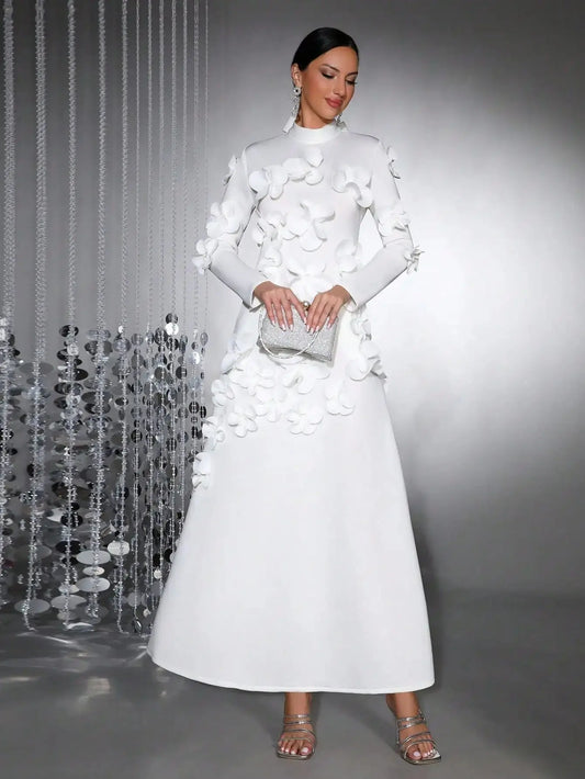 Elegant White 3D Floral Long Sleeve Maxi Dress for Formal Events, Bridesmaid or Valentine's Day ANOINTED_ADORNED