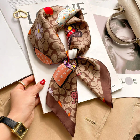 Silk Square Scarf Women Luxury Floral Print Kerchief Soft Satin Hairband Hands Bag Ribbon Foulard Hijab Neckerchief Headband ANOINTED_ADORNED