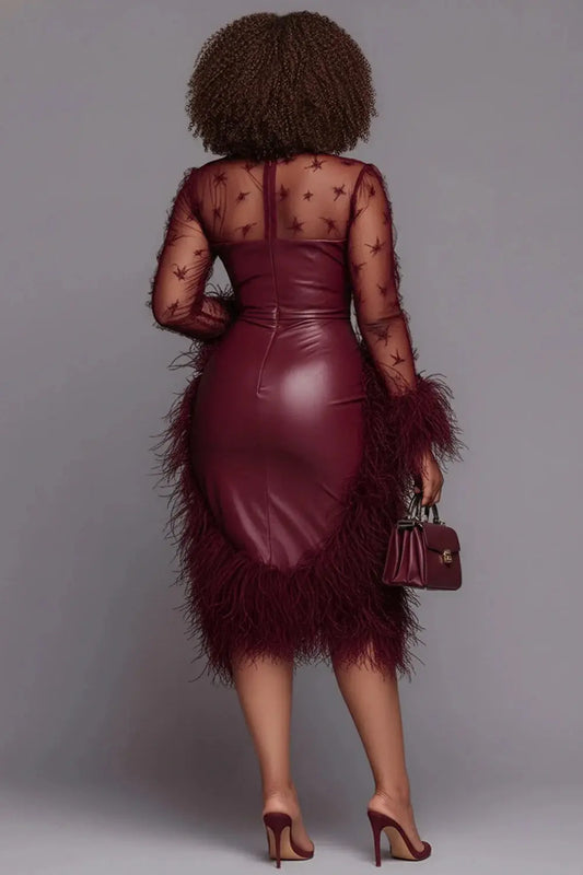 Plus Size Cocktail Party Burgundy Round Neck Long Sleeve Trimmings Elegant See Through Tulle PU Leather Midi Dresses ANOINTED_ADORNED