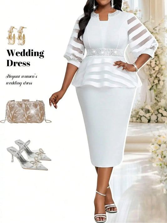 Elegant White Peplum Wedding Guest Dress with Crystal Belt & Bishop Sleeves for Plus Size Women ANOINTED_ADORNED