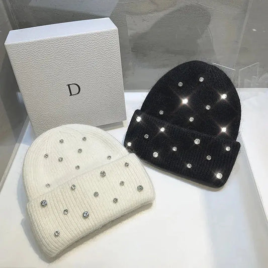 Luxury Rhinestone Beads Knitted Hat Korean Women Rabbit Fur Wool Skullies Cap Winter Fashion Thickened Warm Bonnet Beaanies ANOINTED_ADORNED