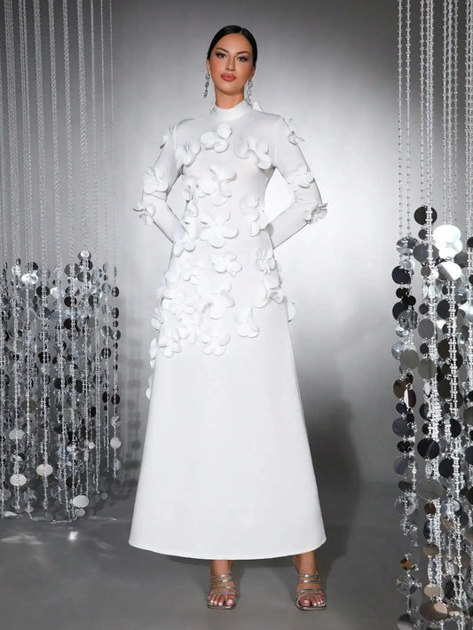 Elegant White 3D Floral Long Sleeve Maxi Dress for Formal Events, Bridesmaid or Valentine's Day ANOINTED_ADORNED