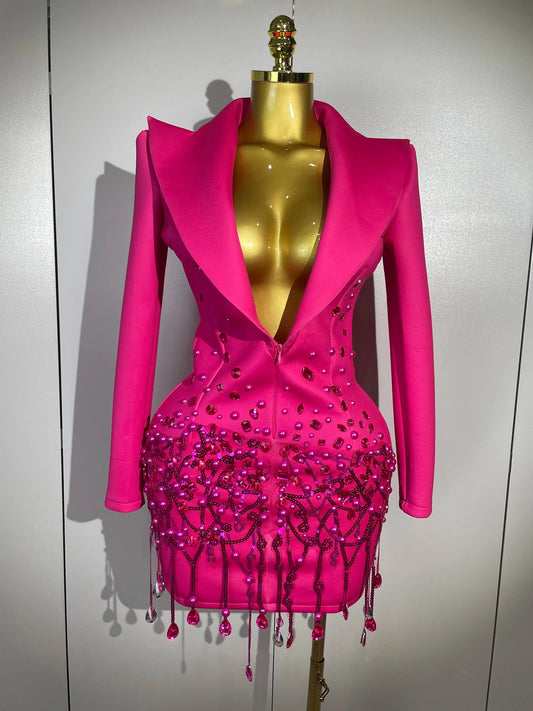 Sparkly Crystal Chains Pearls Long Sleeve Mini Dress 2025 Women Birthday Evening Party Nightclub Outfit Singer Wedding Costume ANOINTED_ADORNED
