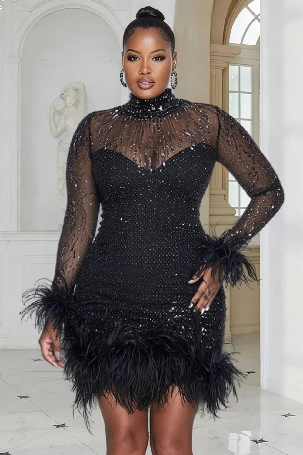 Black Mock Neck Long Sleeve Bodycon Feather Mesh Mini Dress ANOINTED_ADORNED