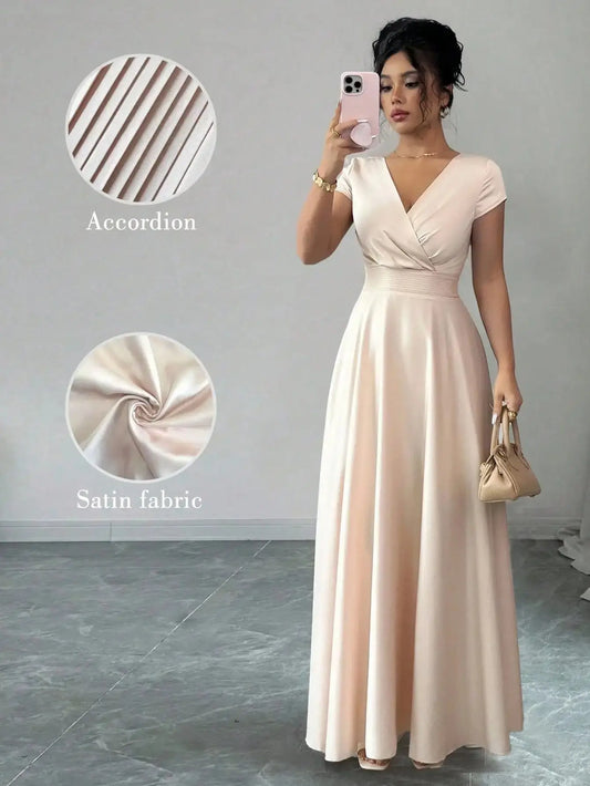Elegant V-Neck Satin A-Line Long Dress for Women, Romantic Style with Accordion Detail ANOINTED_ADORNED