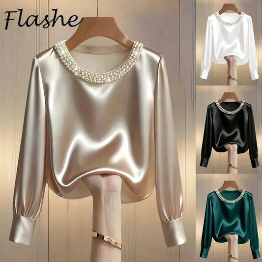 Elegant Satin Shirt Women Spring Autumn Bead Design Long Sleeve Silk Blouse Women Fashion O Neck Loose Pullover Tops ANOINTED_ADORNED