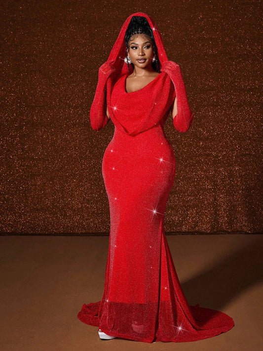 Plus Size Hat Sexy Waistband Hot Gold Fish Tail Swing Long Solid Colour Fishtail Slim Package Hip Dress Hooded ANOINTED_ADORNED