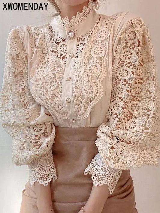 Women Chiffon Button Turtleneck Shirt Chic Elegant Floral Lace Fluffy Long Sleeve Top Fashion Hollow Oversize White Blouse 2025 ANOINTED_ADORNED