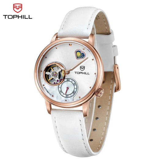 TOPHILL Automatic mechanical Watch For Woman Skeleton  Leather Scrape  Sapphire Glass Couple Watch ANOINTED_ADORNED