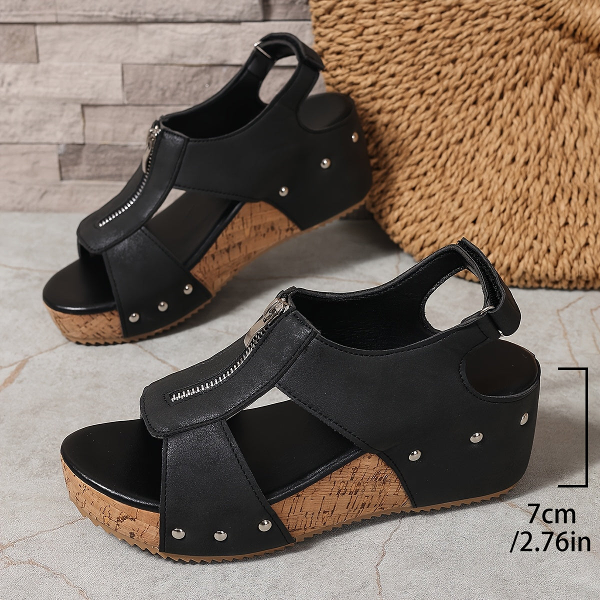 Women's Retro Wedge Sandals — Open Toe Zipper Closure Trendy Attic Store01