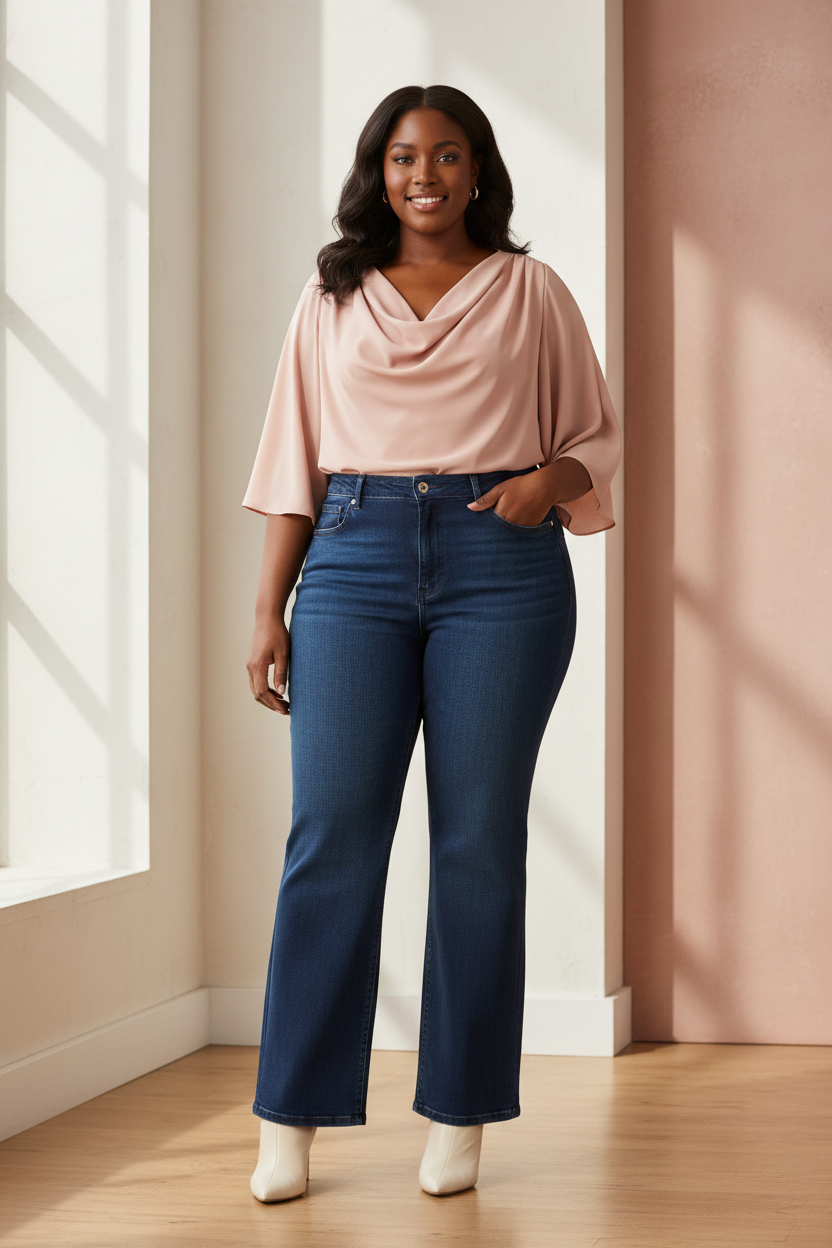 Plus Size Woman in Wide Leg Jeans - Full Body